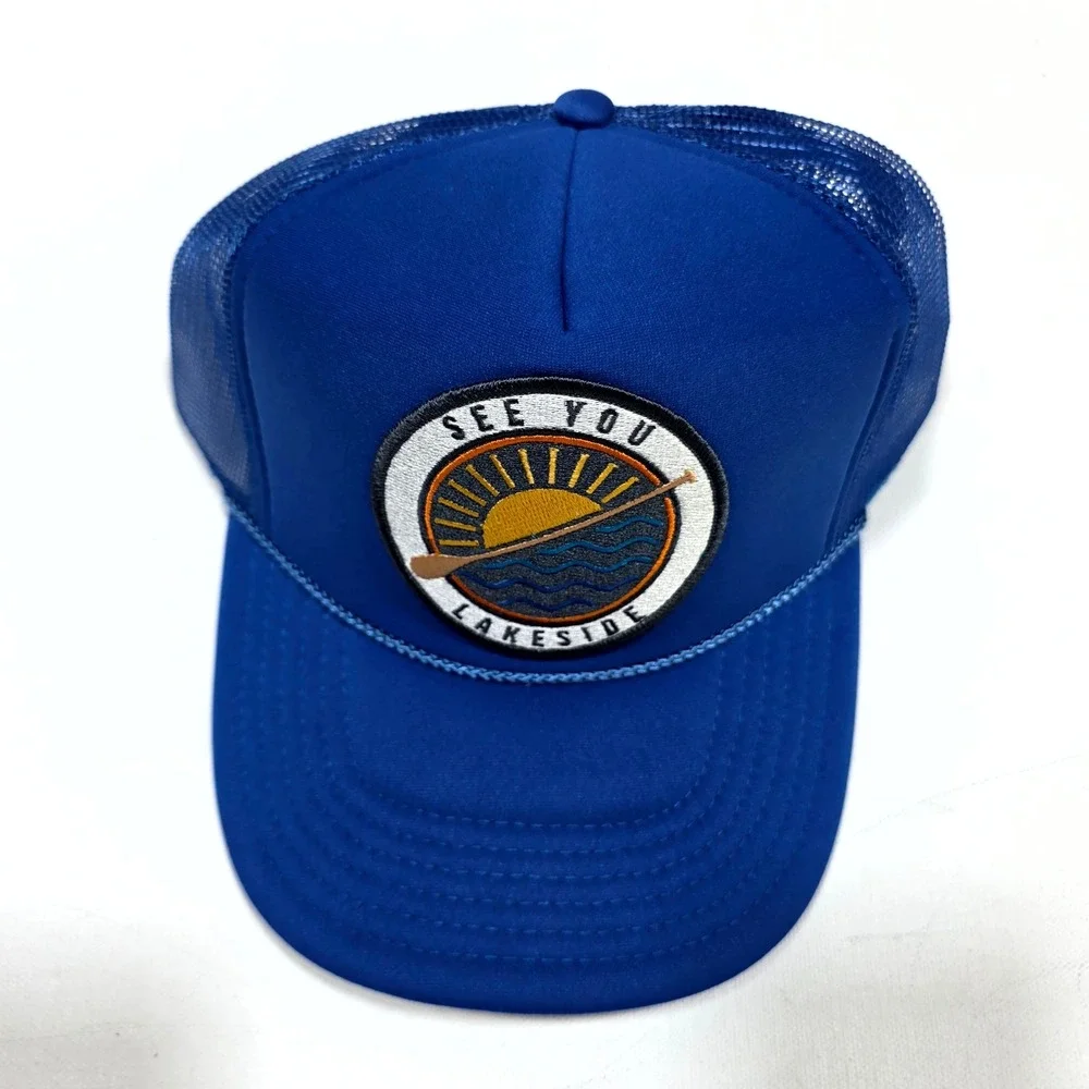 Port Sandz Trucker Hat Mens Blue See You Lakeside Patch Snapback Mesh Cap Retro